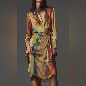 By Anthropologie Long-Sleeve Tie-Front Midi Shirt Dress